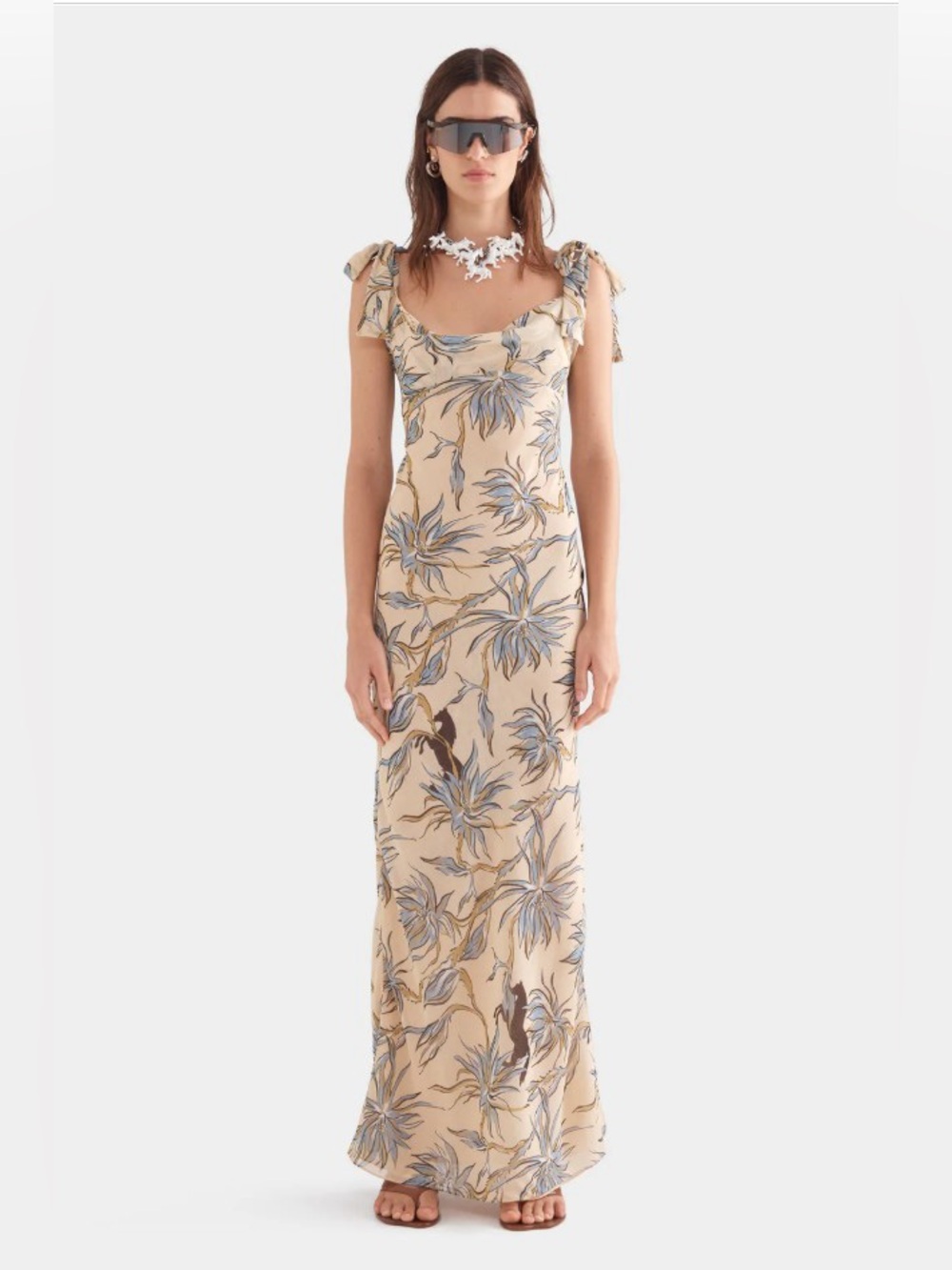 Venroy 100% Silk Floral Horse Print Tie Shoulder Bias-Cut Maxi Dress NWOT - Picture 2 of 8